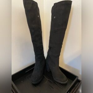 Black Faux Suede Over The Knee Boots Block Heel Side Zip Women's Size‎ 7.5